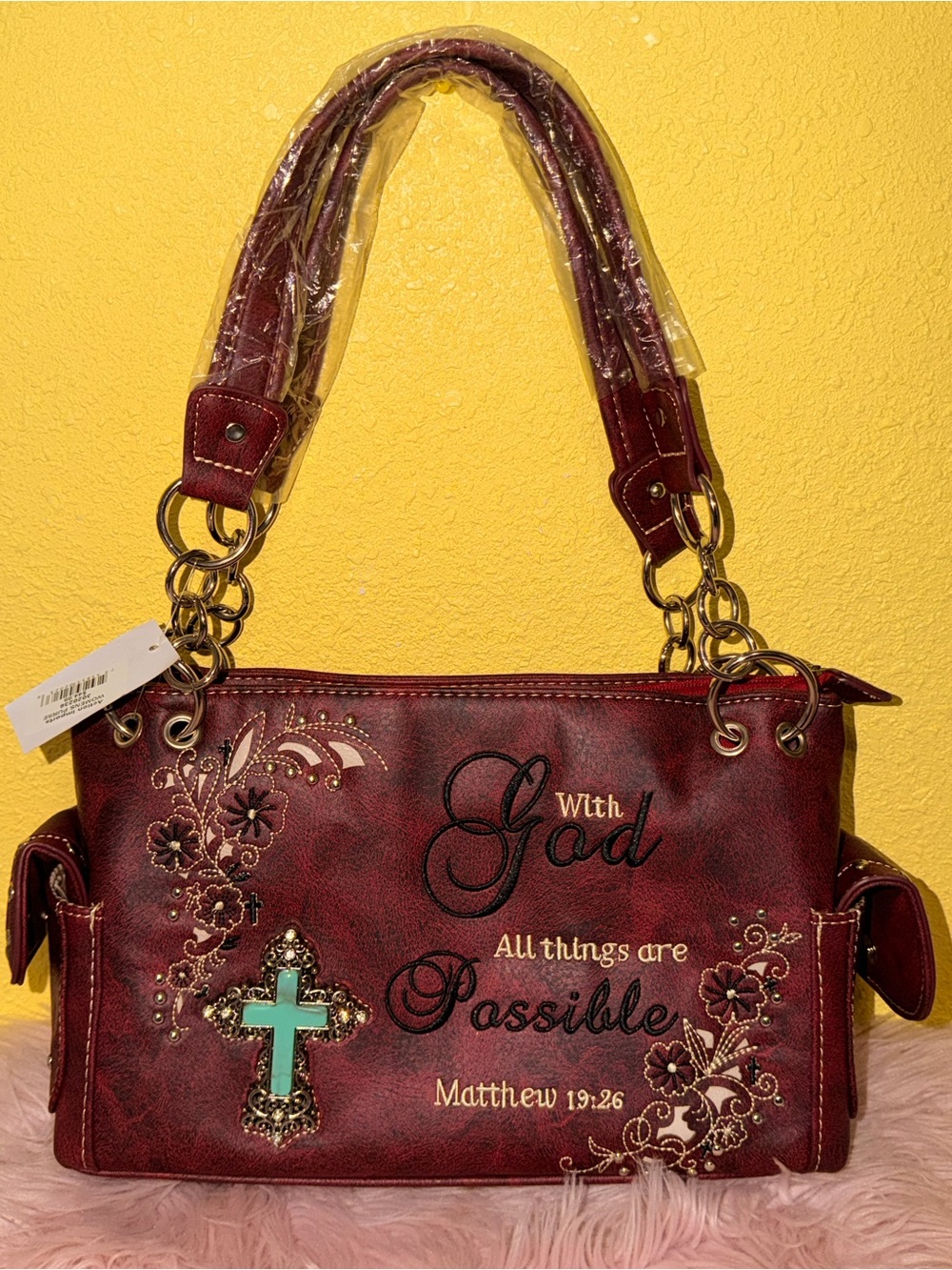 Faith-Inspired Burgundy Shoulder Bag with Turquoise Cross Accent
